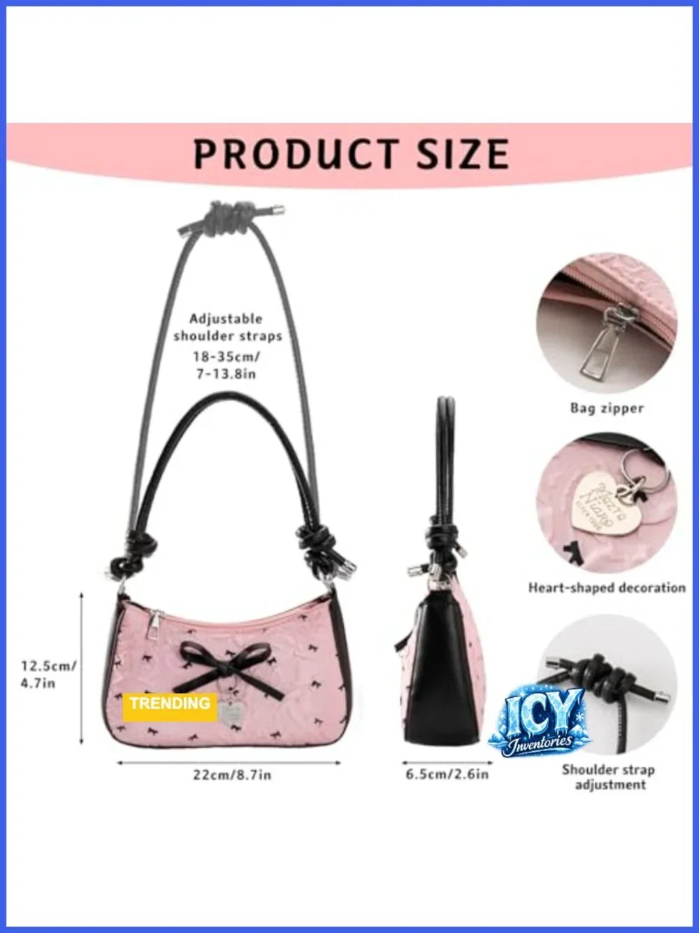 Y2K Coquette Mini Hobo Shoulder Bag Women Cute Bow Purse Vegan Leather